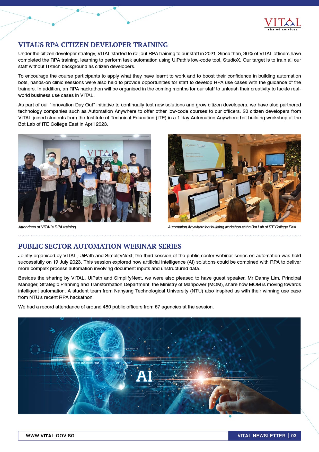 Newsletter page about VITAL's RPA citizen developer training and a public sector automation webinar series with AI imagery.